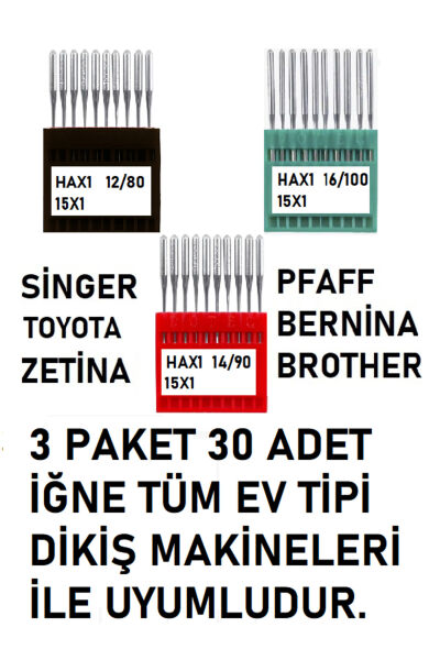 Singer Pfaff Zetina Janome Uyumlu Dikiş Makine Iğnesi (12-14-16 Numara -30 Adet Iğne) 5 Paket